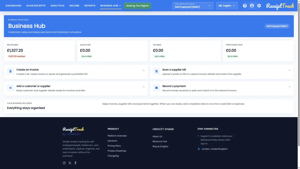 ReceiptTrack Business Hub overview with receivable, payable and activity cards
