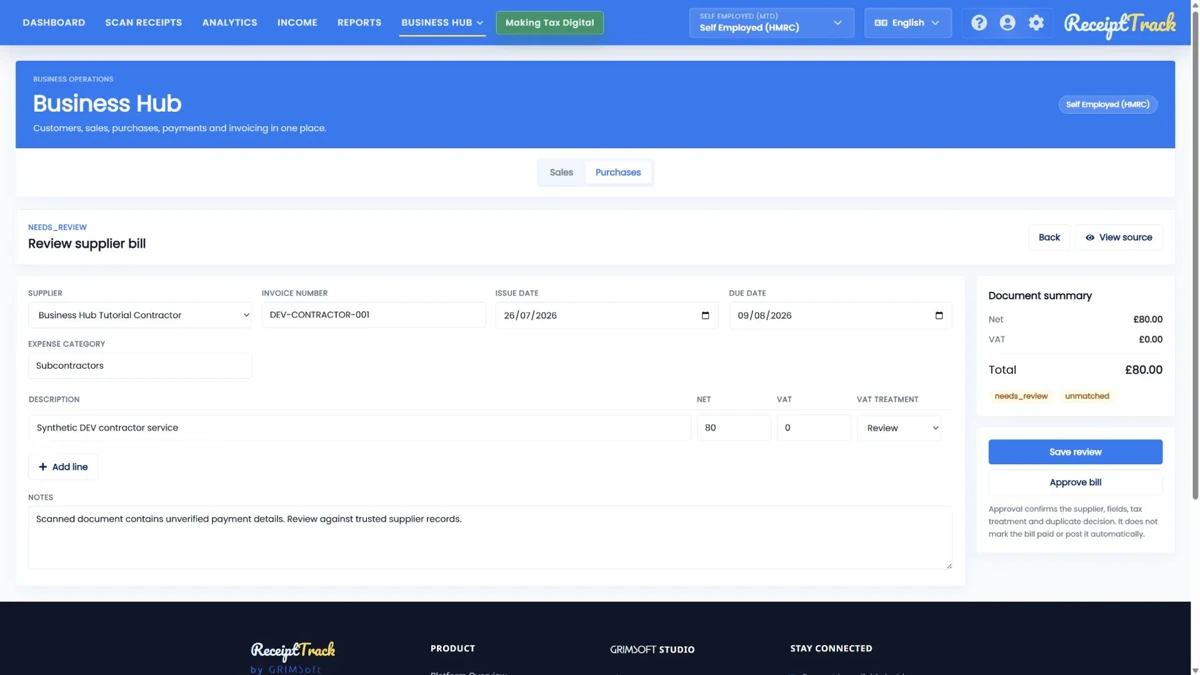 ReceiptTrack supplier invoice review form with extracted fields and source evidence