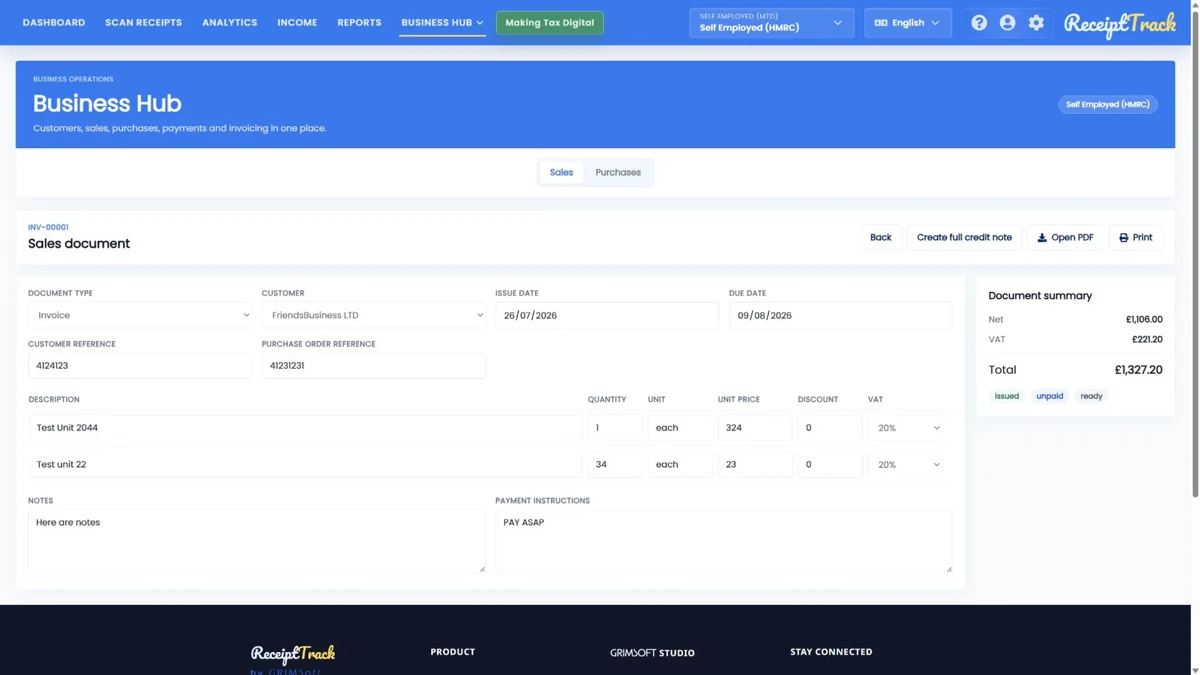 Issued ReceiptTrack sales document with PDF and full credit note actions