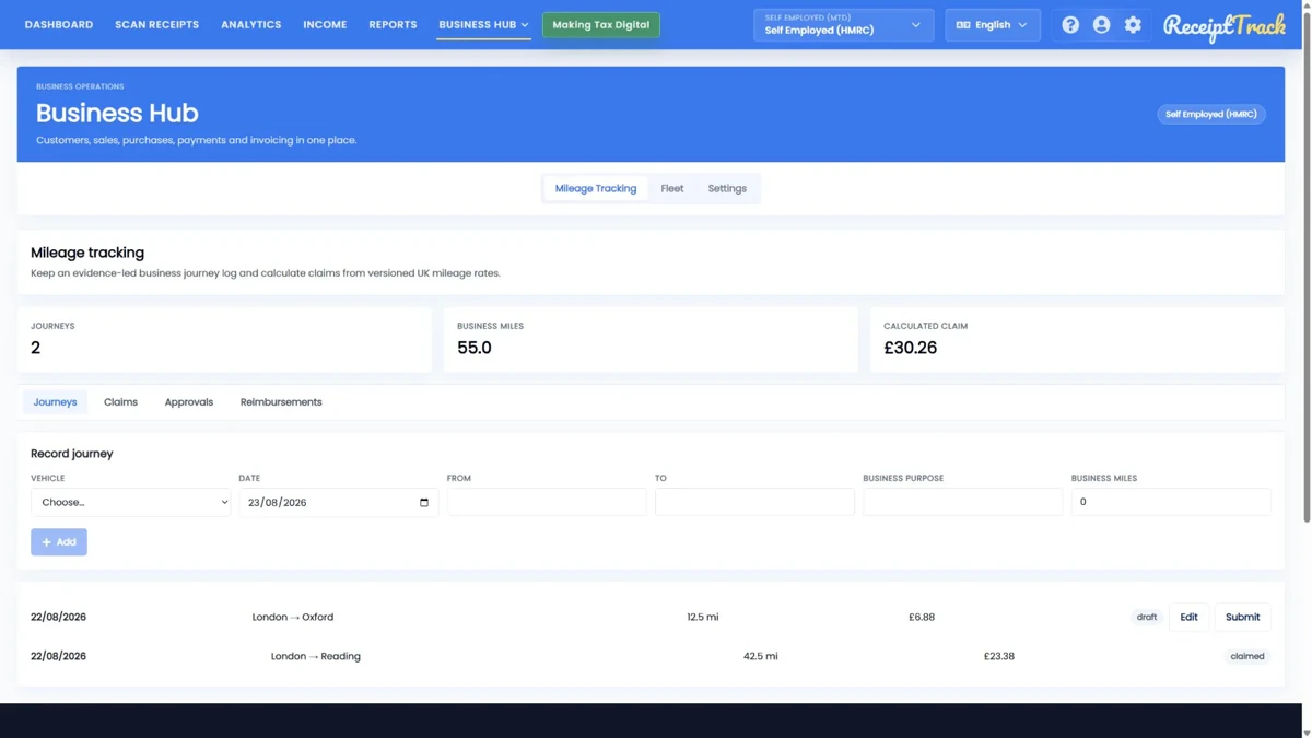 ReceiptTrack mileage journeys list with journey and claim navigation