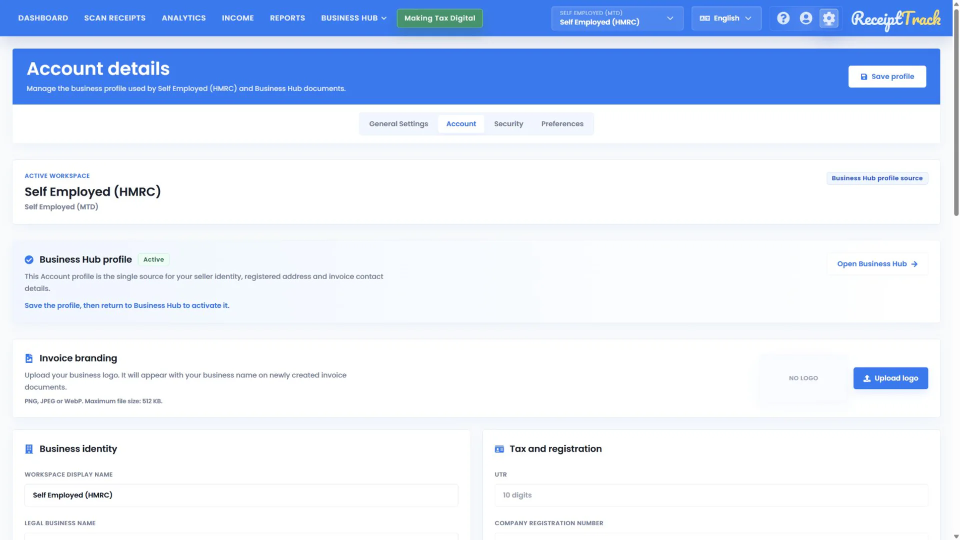 ReceiptTrack Account settings showing the Business Hub profile source and Invoice branding logo upload.