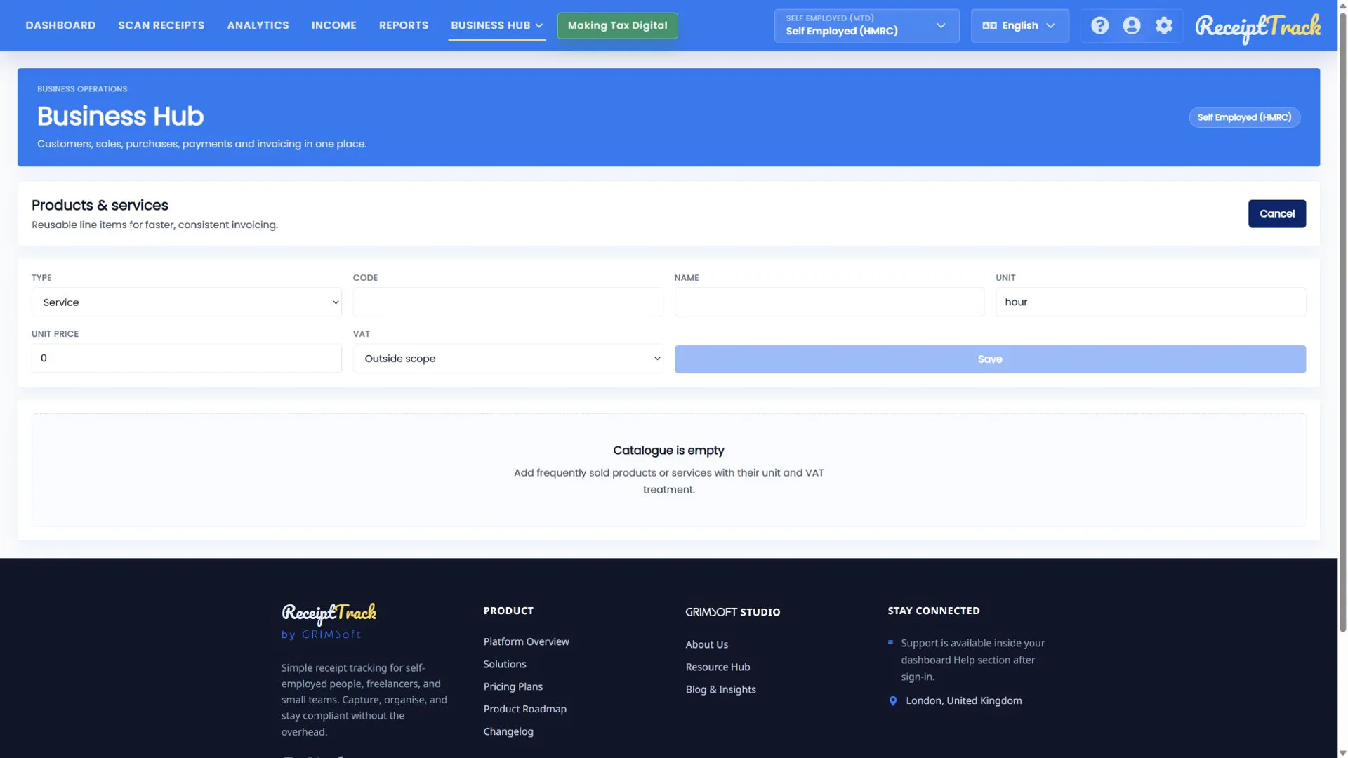 ReceiptTrack Products and services form with type, code, name, unit, unit price and VAT treatment.