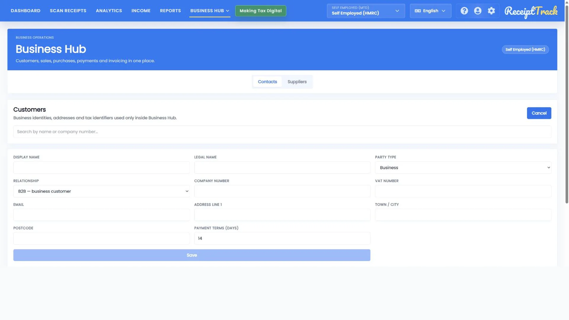 ReceiptTrack Business Hub empty customer form with identity, relationship, registration, address and payment-term fields.