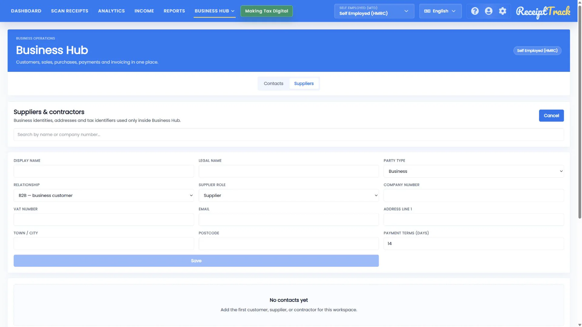 ReceiptTrack empty supplier and contractor form including the Role selector.