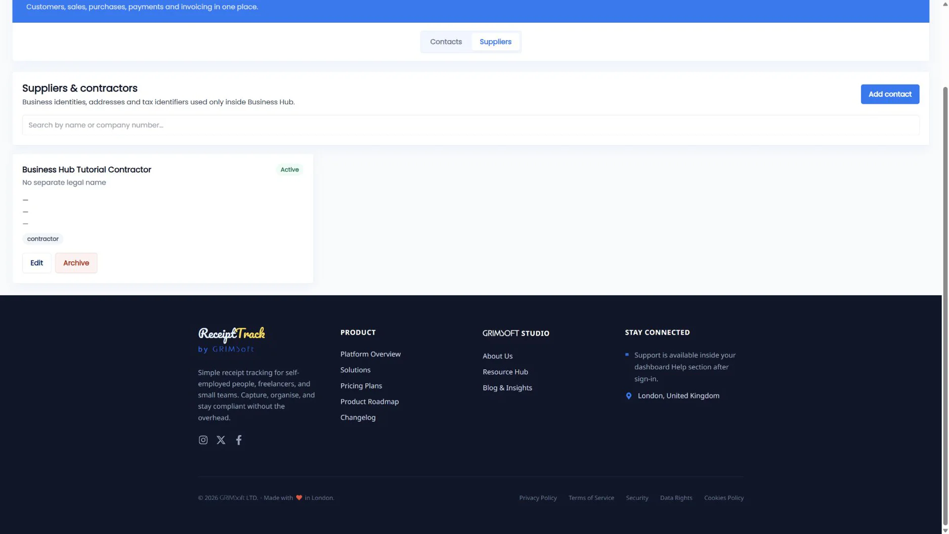 ReceiptTrack Suppliers and contractors page with a synthetic active contractor and Edit and Archive actions.
