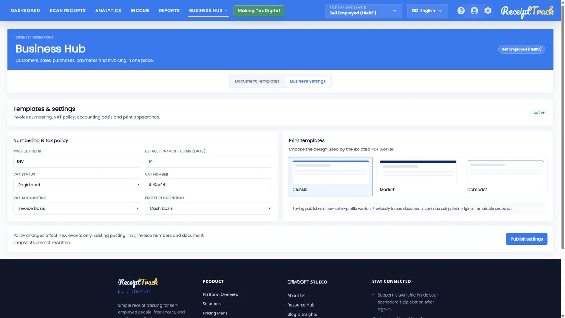 ReceiptTrack Business Hub settings showing invoice prefix, payment terms, VAT policy, accounting basis and print templates.