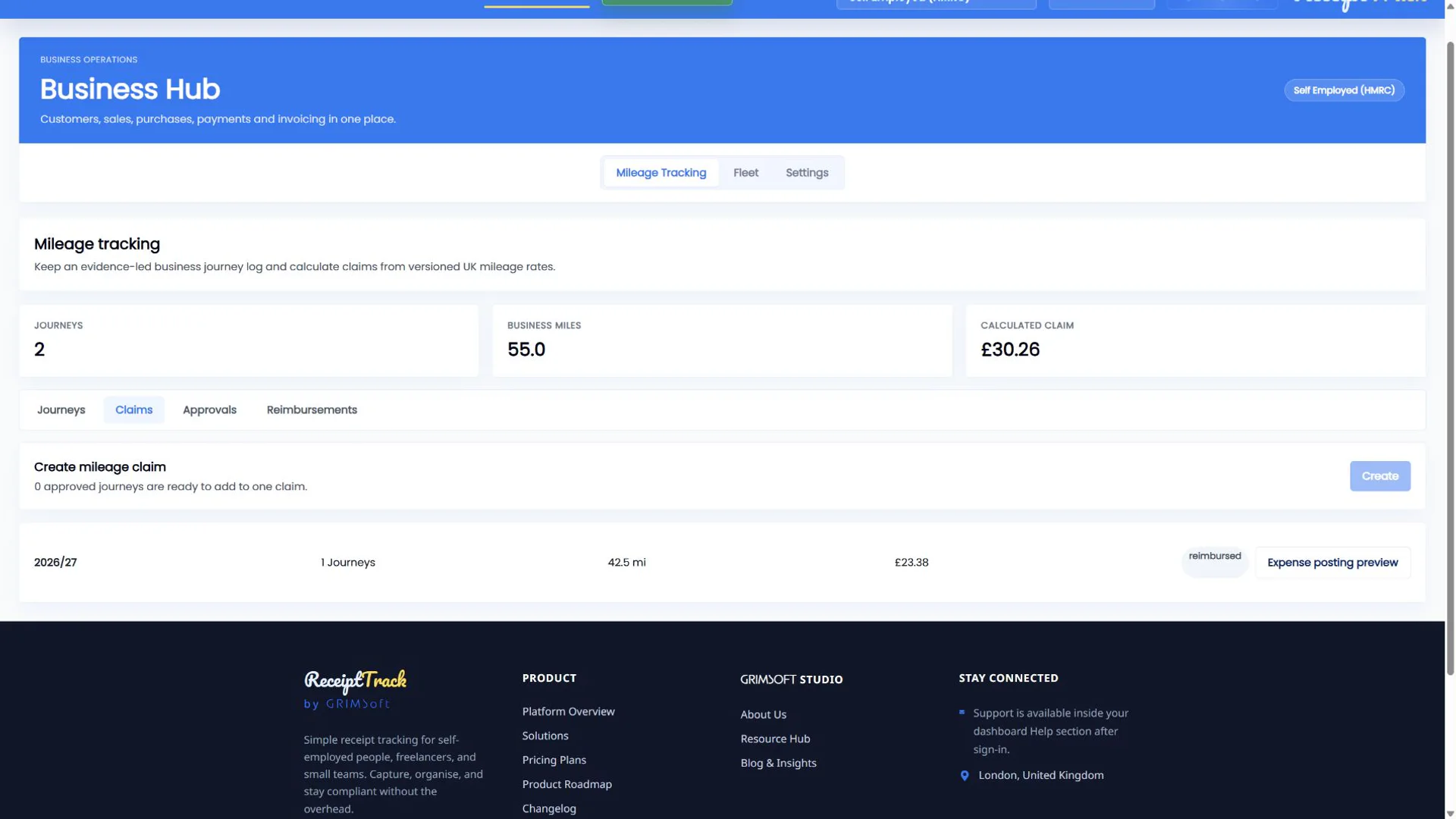 ReceiptTrack Mileage Claims tab with claim creation controls and existing claim status.