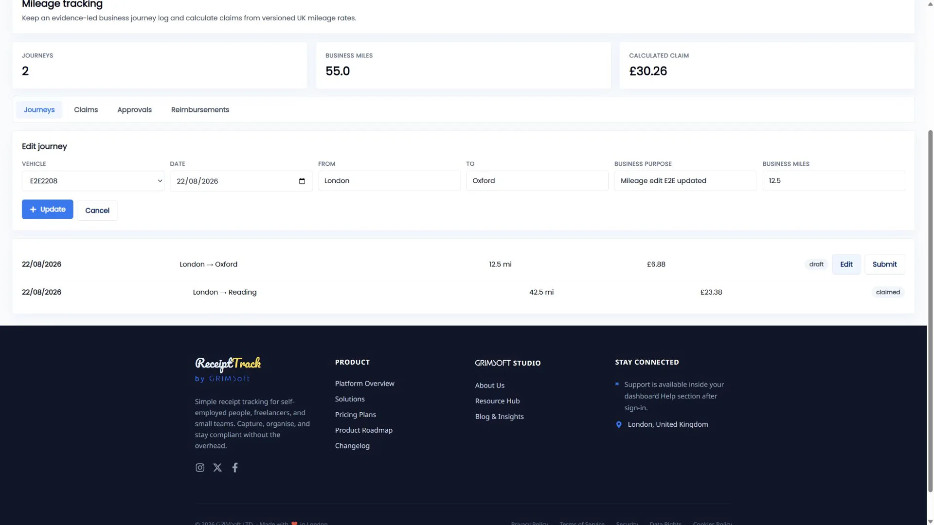 ReceiptTrack Edit journey form populated with a synthetic draft trip.