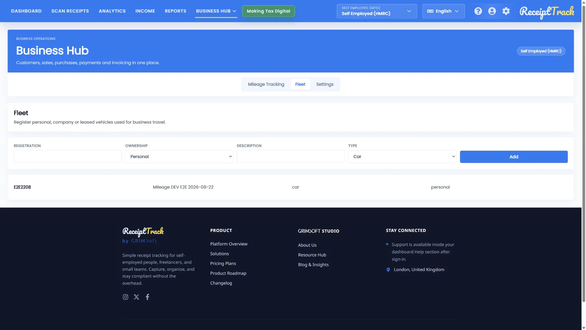 ReceiptTrack Mileage Fleet page with registration, ownership, description and vehicle type fields.