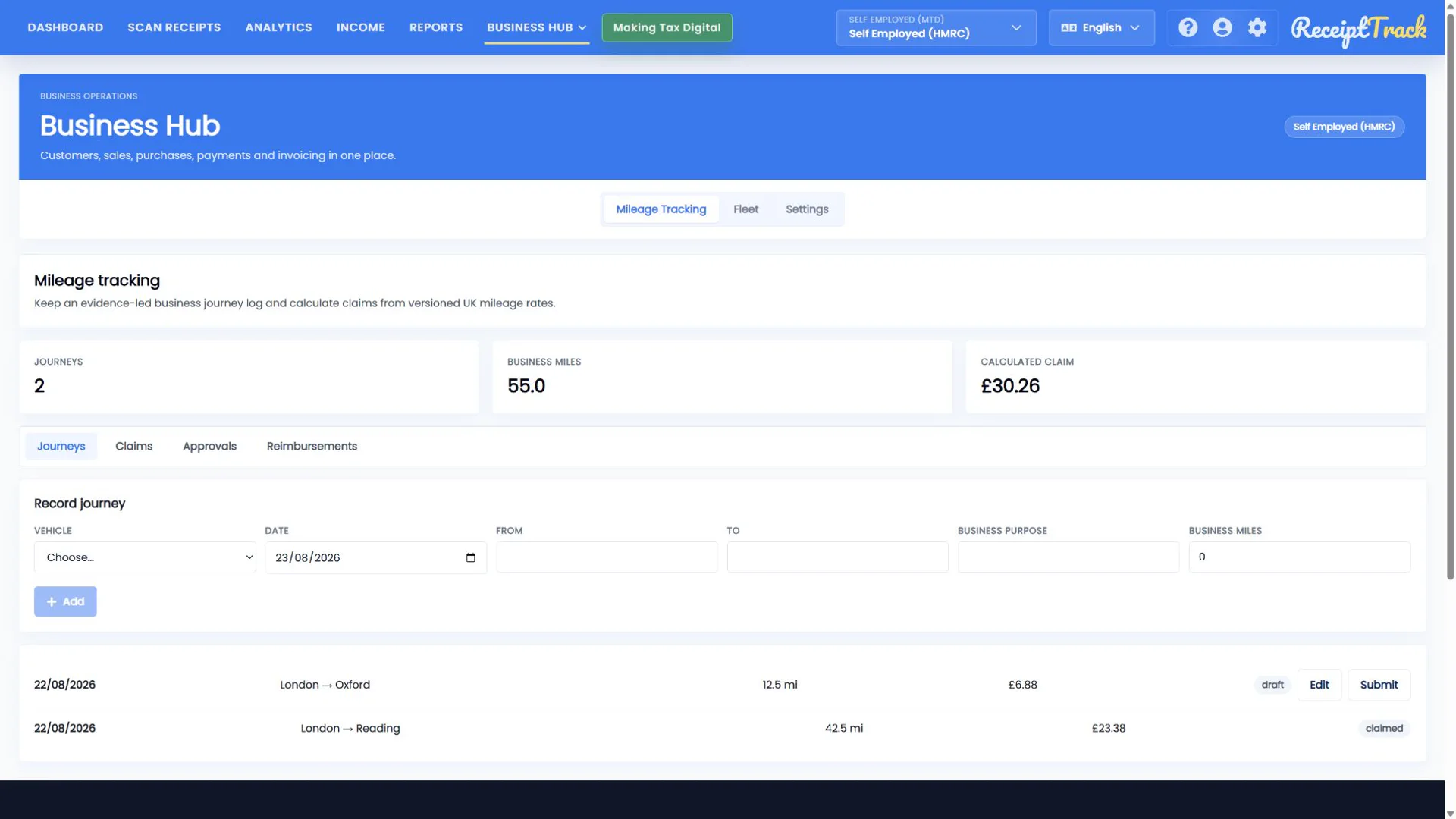 ReceiptTrack Mileage tracking Journeys tab with totals, journey form, draft and claimed trips.