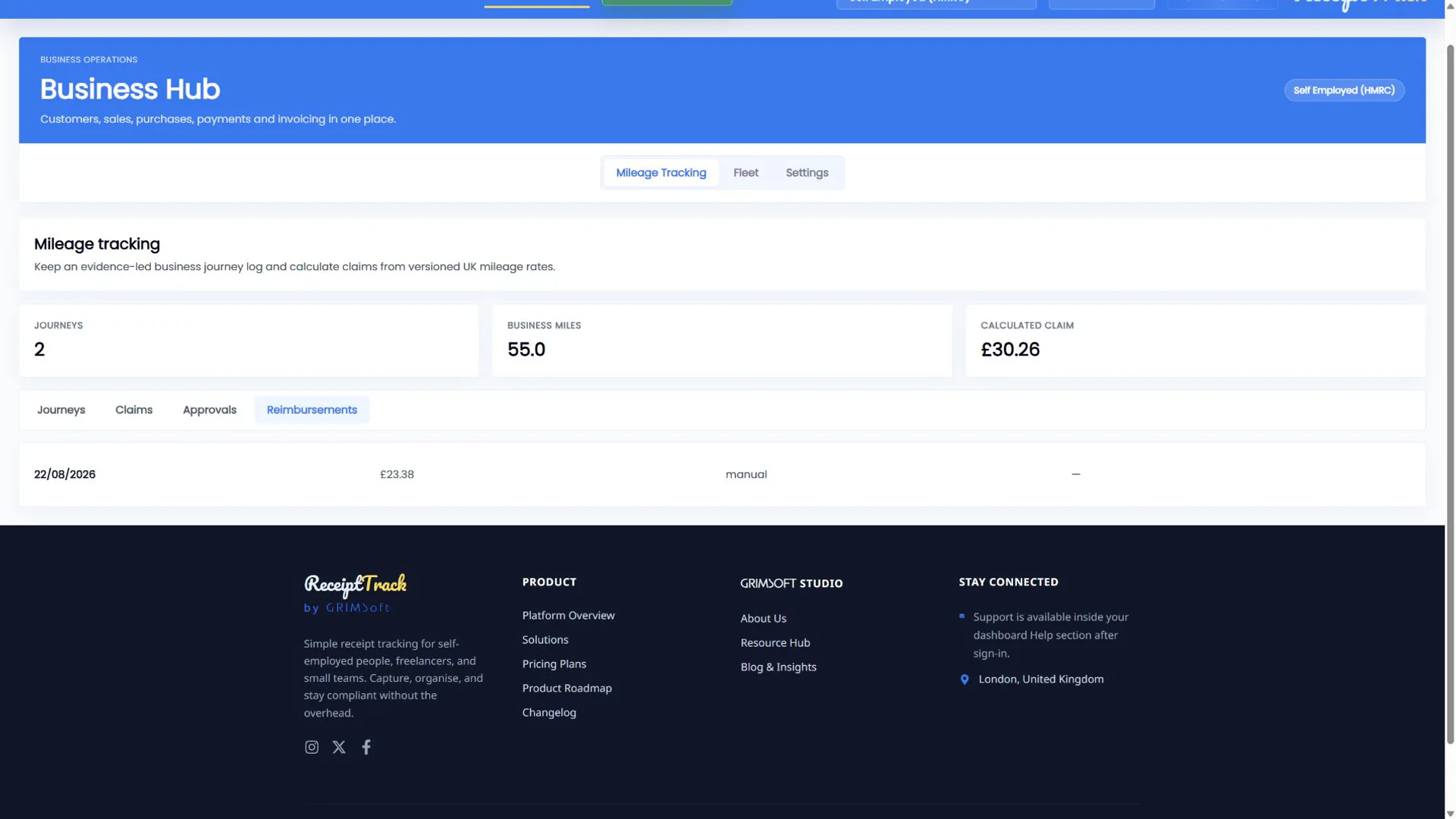 ReceiptTrack Mileage Reimbursements tab with recorded reimbursement evidence.