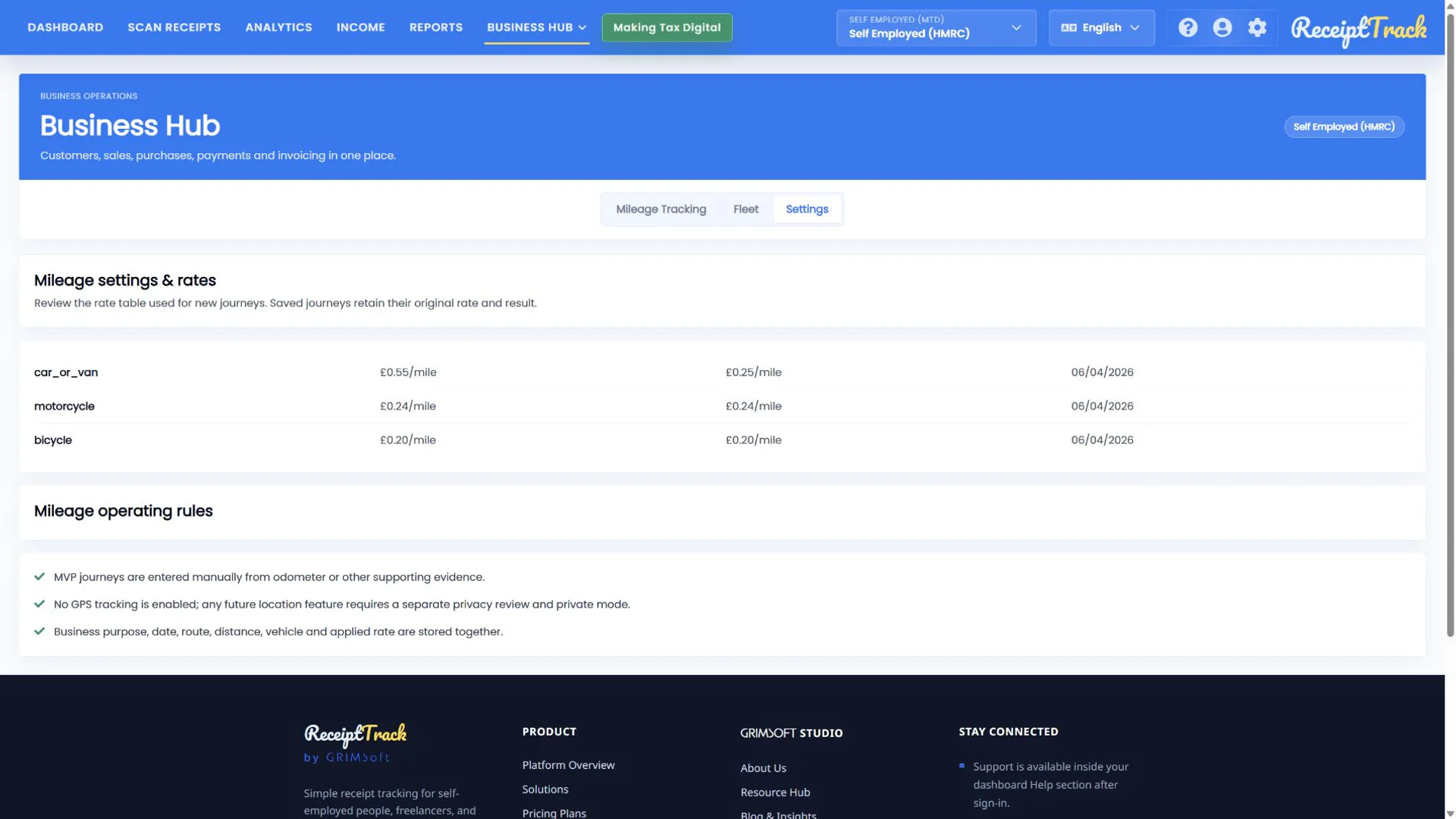 ReceiptTrack Mileage settings and rates page with tax-year rates and operating rules.