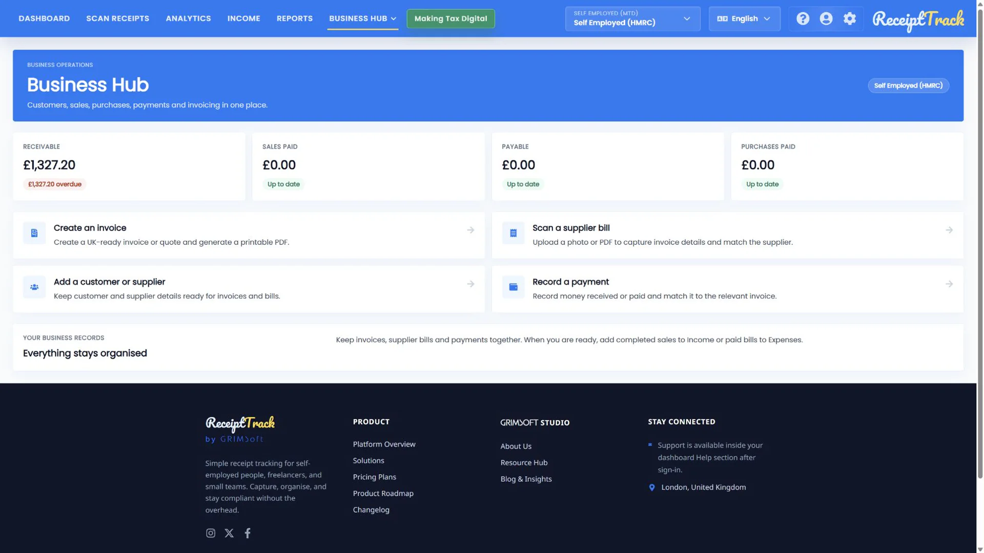 ReceiptTrack Business Hub Overview with receivable, paid and payable totals plus four quick actions.