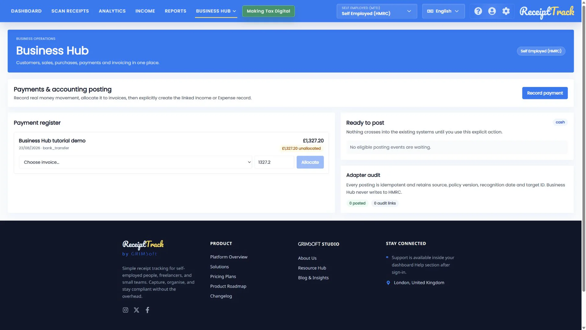 ReceiptTrack payment register with an unallocated synthetic payment and invoice allocation controls.