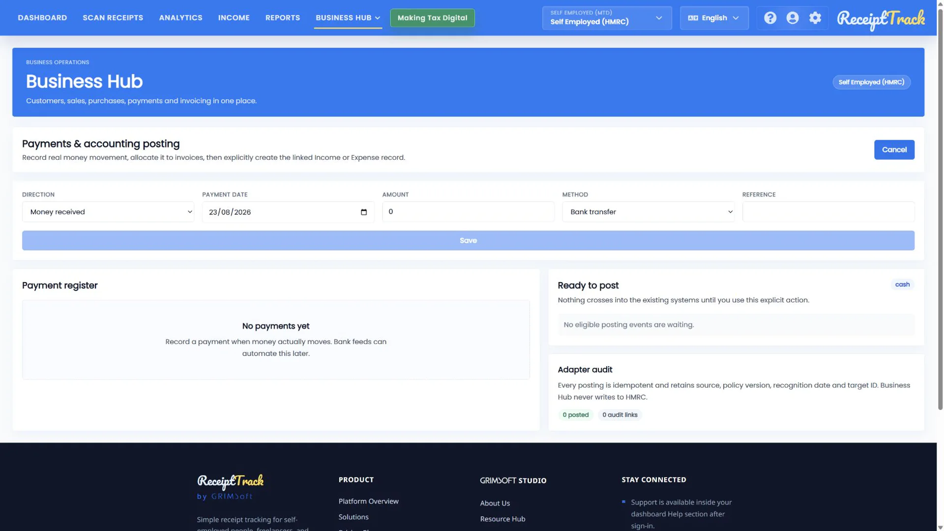 ReceiptTrack Record payment form with direction, date, amount, method and reference.