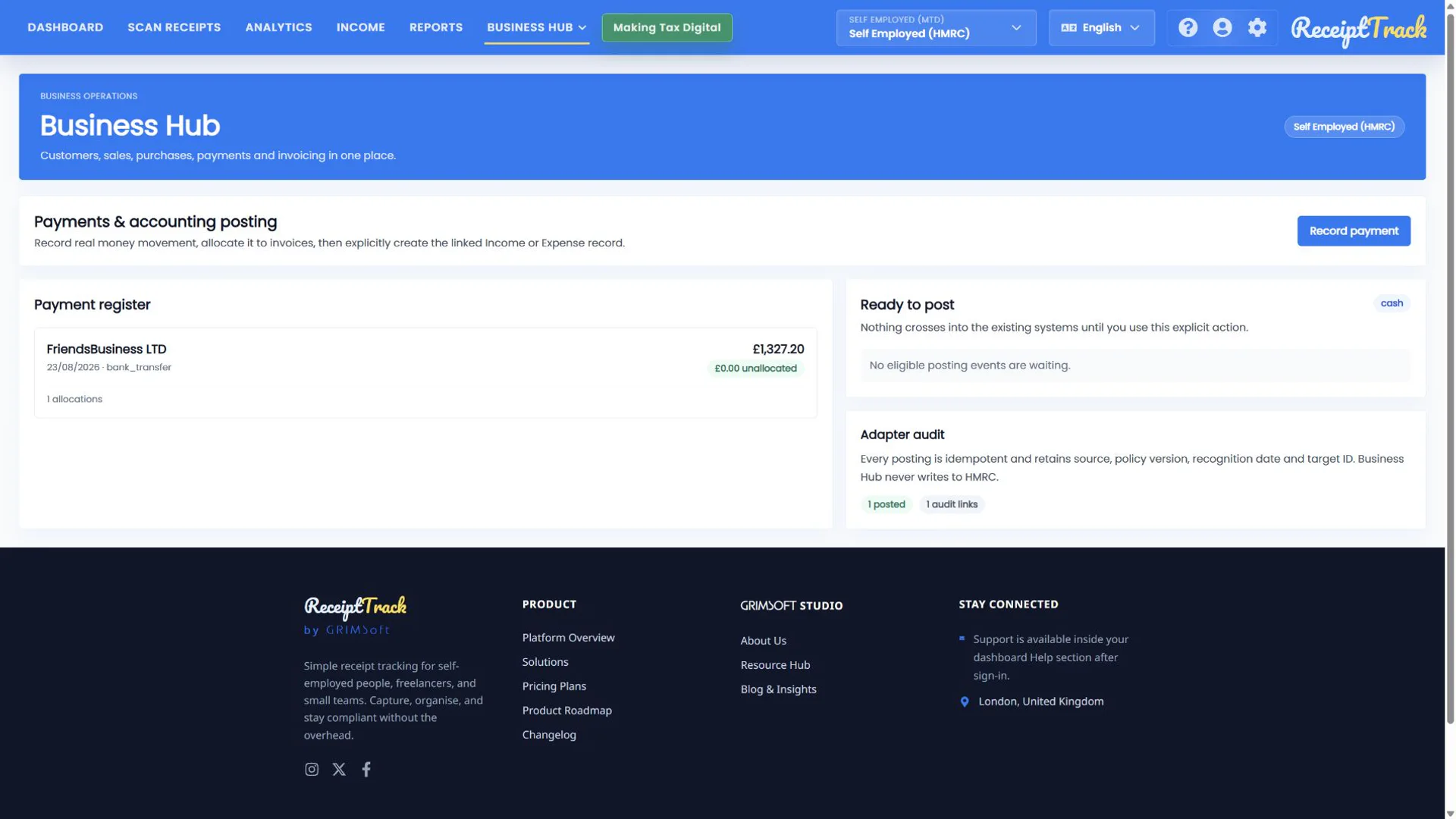 ReceiptTrack payment page after posting with one posted event and one audit link.