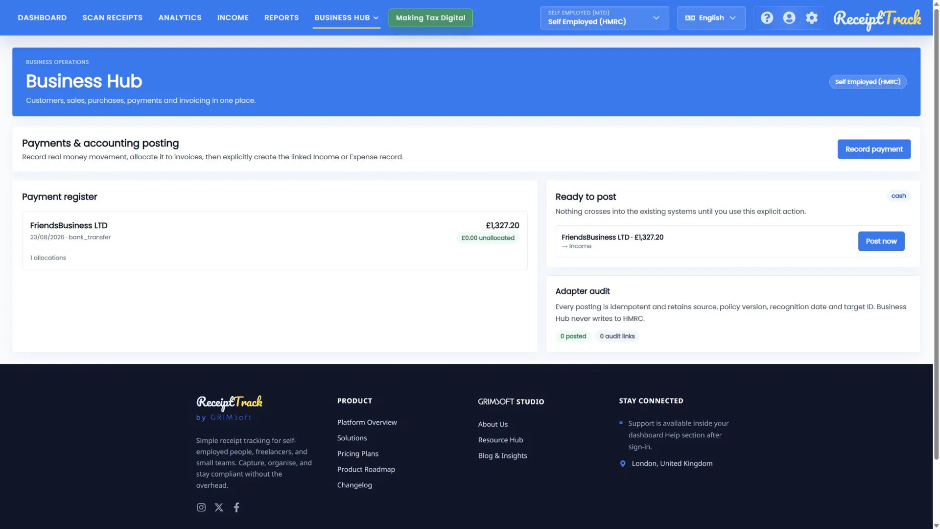 ReceiptTrack allocated payment appearing in Ready to post with an explicit Post now button to Income.