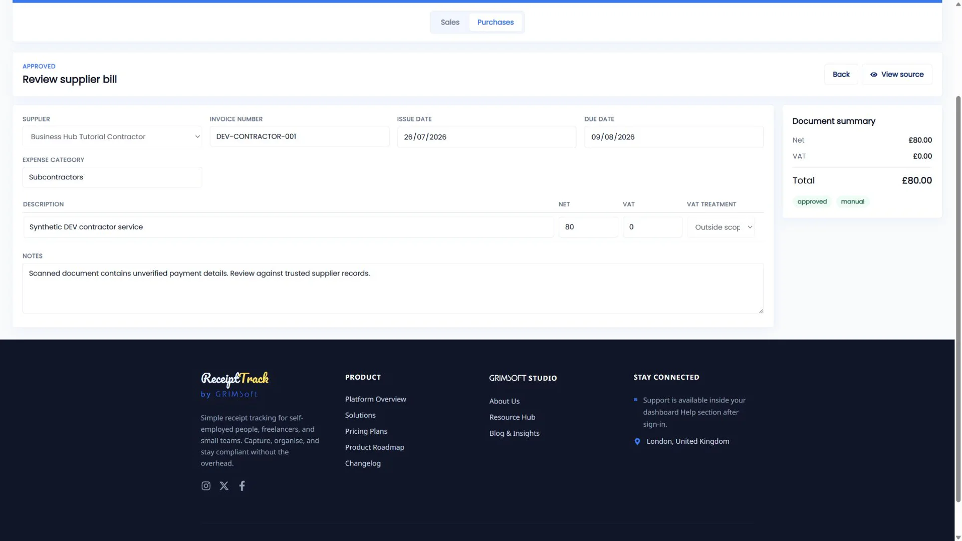 ReceiptTrack approved supplier bill with disabled immutable review fields.