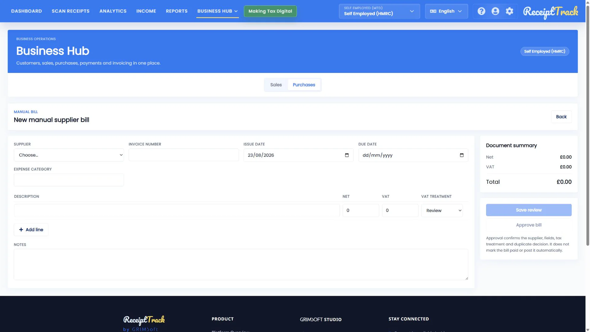 ReceiptTrack new manual supplier bill editor with supplier, invoice details, expense category, lines and approval actions.