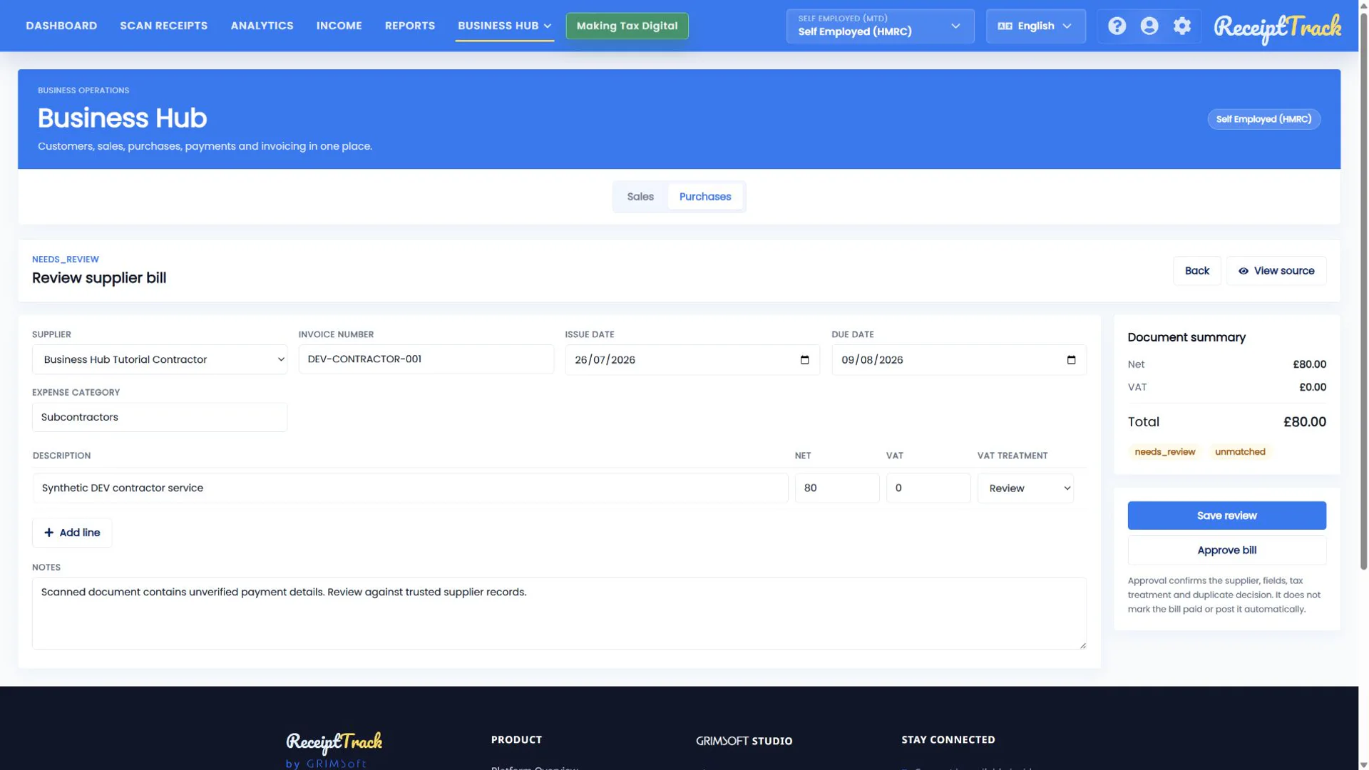 ReceiptTrack review supplier bill screen with an AI-extracted synthetic invoice awaiting human checks.