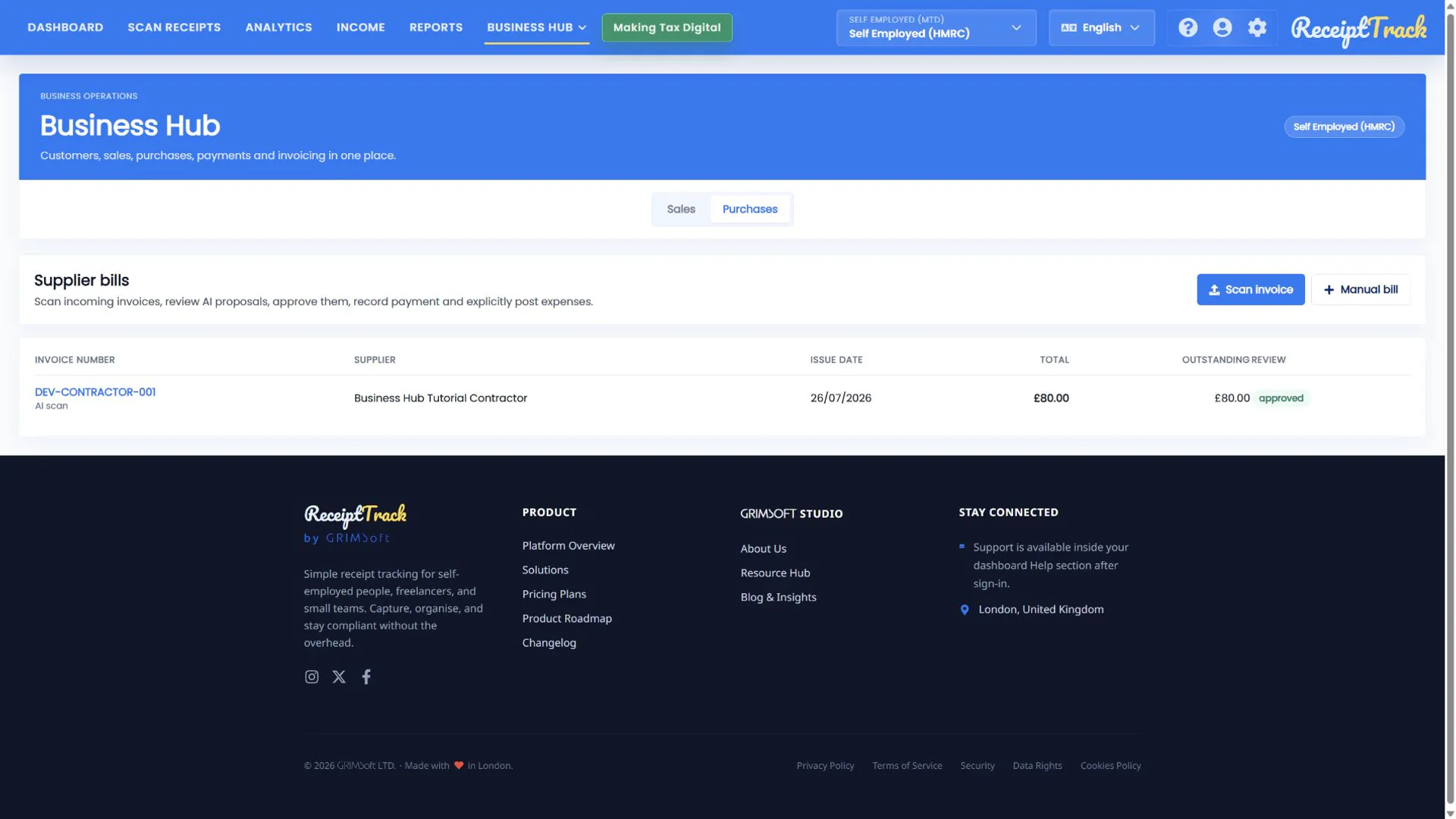 ReceiptTrack Supplier bills table with an approved synthetic AI-scanned invoice.