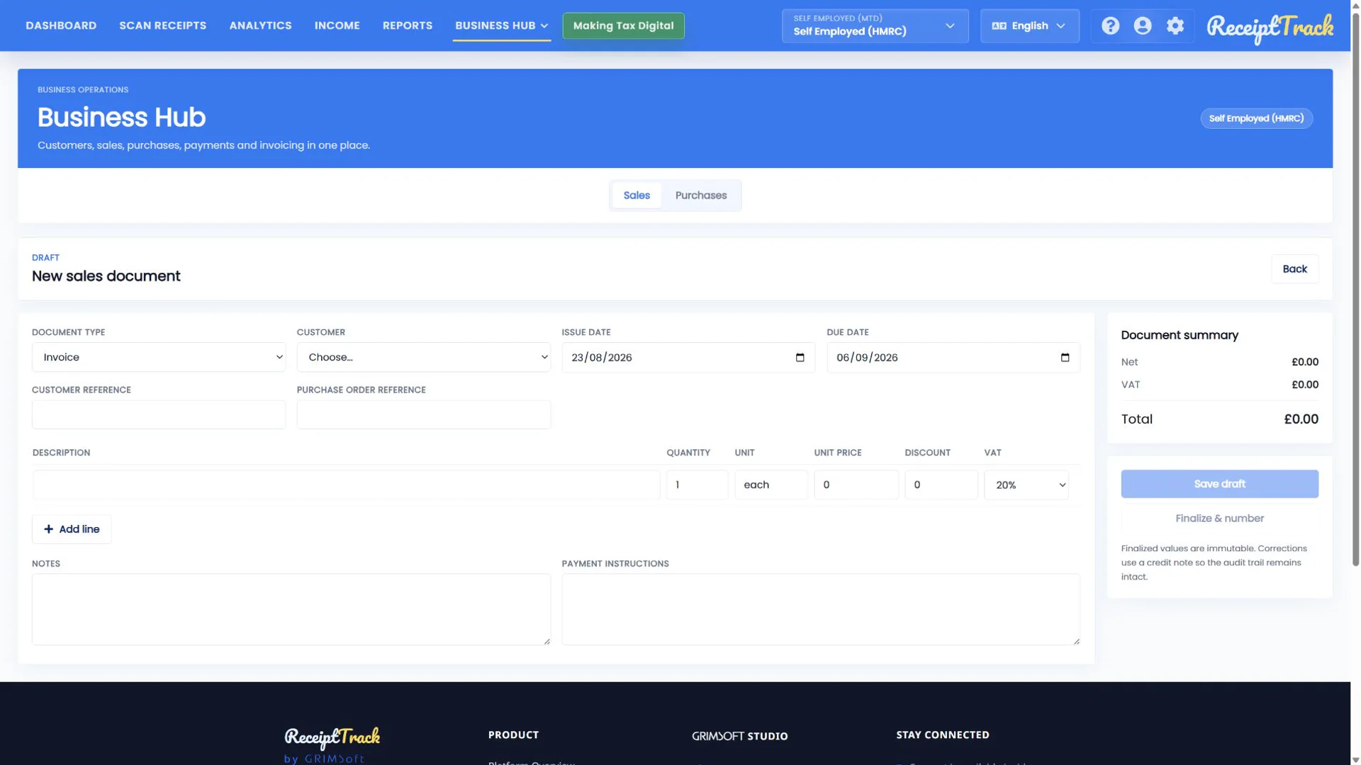 ReceiptTrack new sales document editor with document type, customer, dates, references, line fields, totals and draft actions.