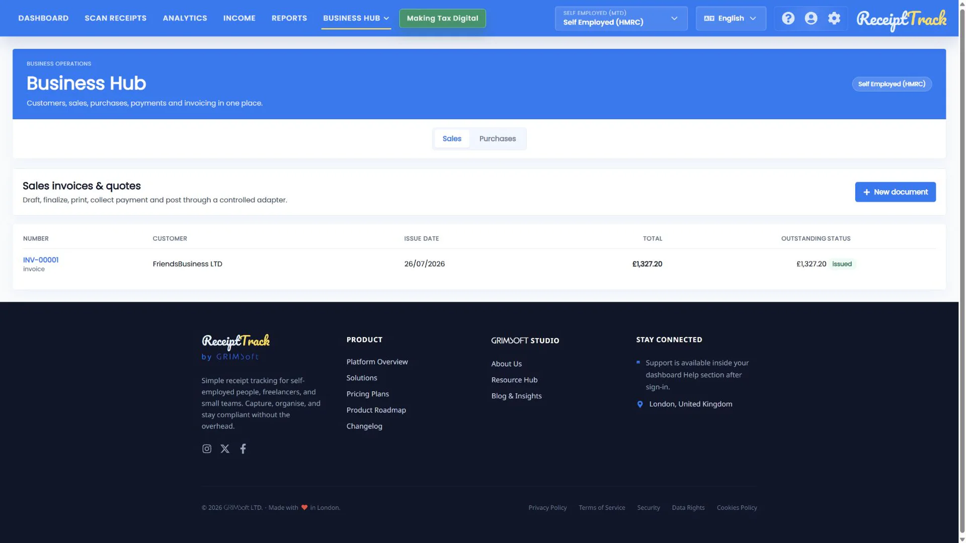 ReceiptTrack Sales invoices and quotes table with number, customer, dates, totals, outstanding amount and status.